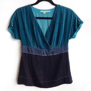 Boden Colorblock Velvet Faux Wrap V Neck Blouse in Teal/Gray/Purple 2